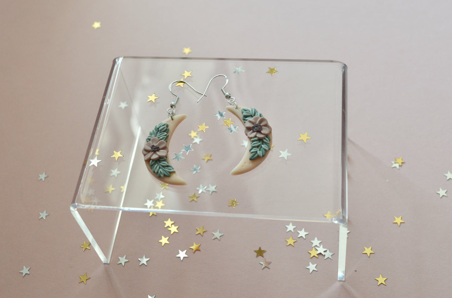 crescent moon floral wreath earrings