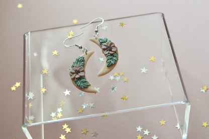 crescent moon floral wreath earrings