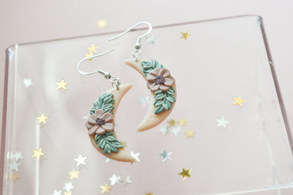 crescent moon floral wreath earrings