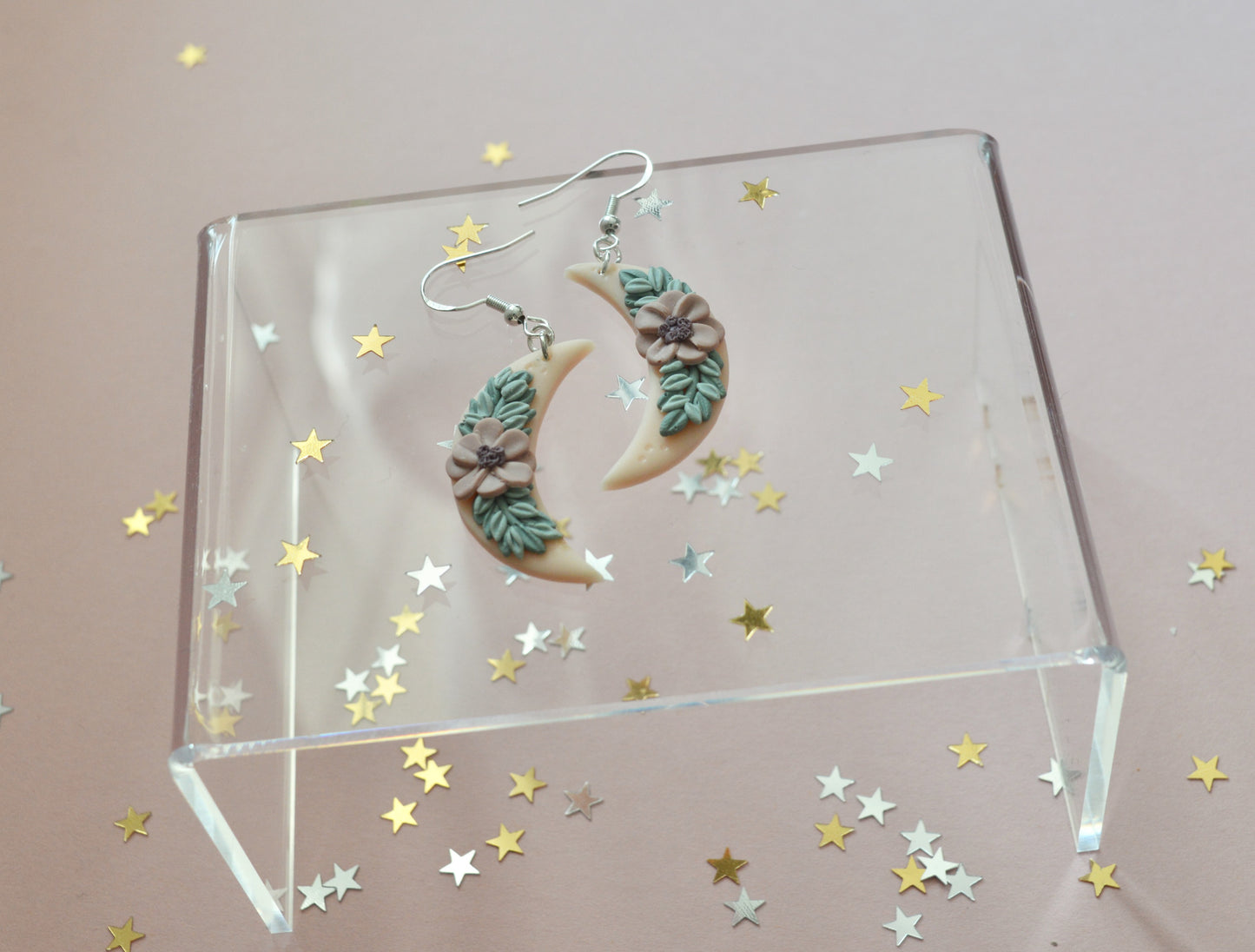 crescent moon floral wreath earrings
